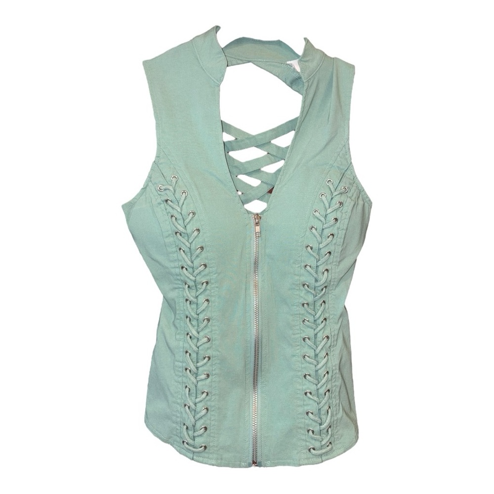 Oh Yes Y2K Sleeveless Lace-Up Front & Back Top – Mint Green, Size S AR14
